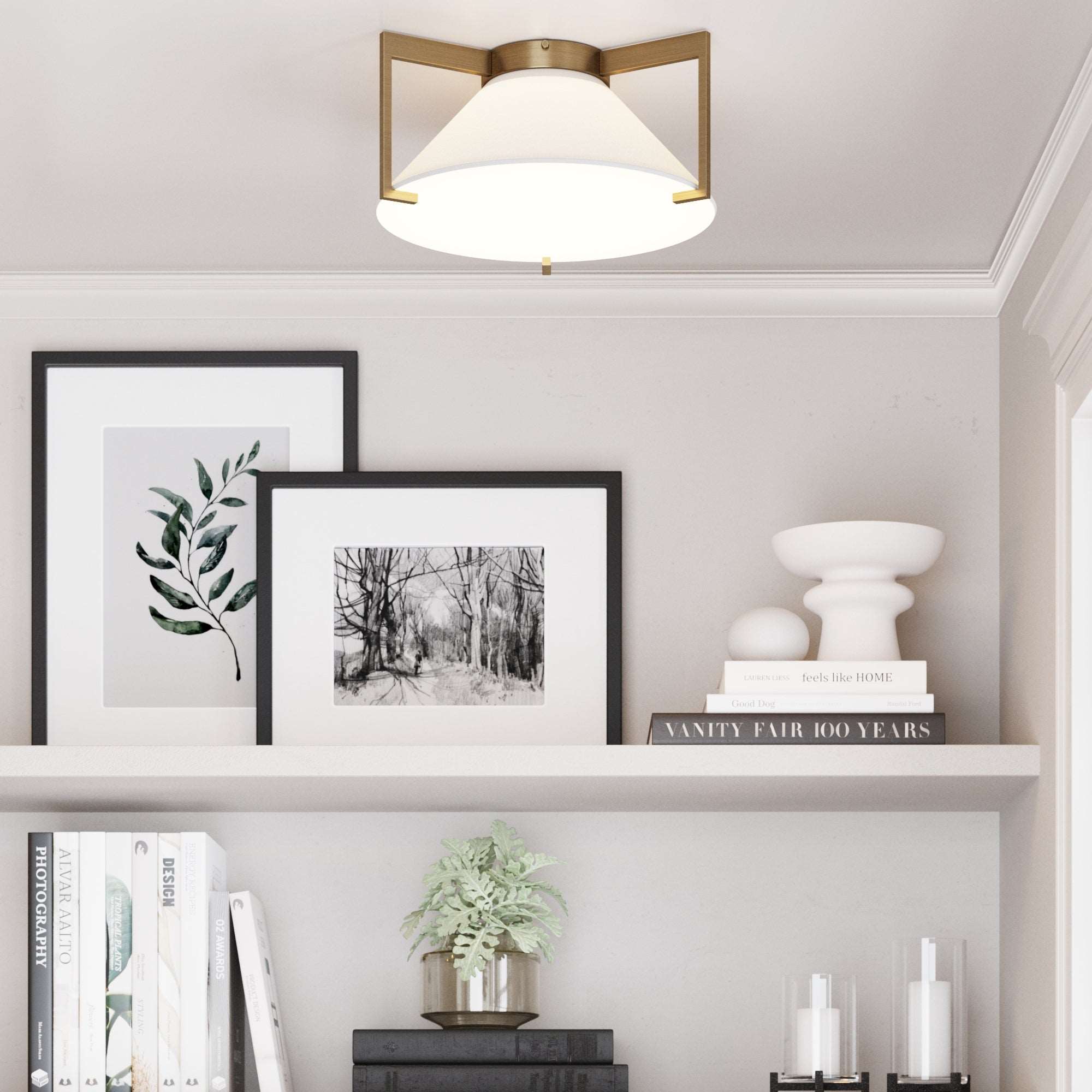 Linen Shade Flush Mount Ceiling Light | Jace White Linen-Vintaged Brass