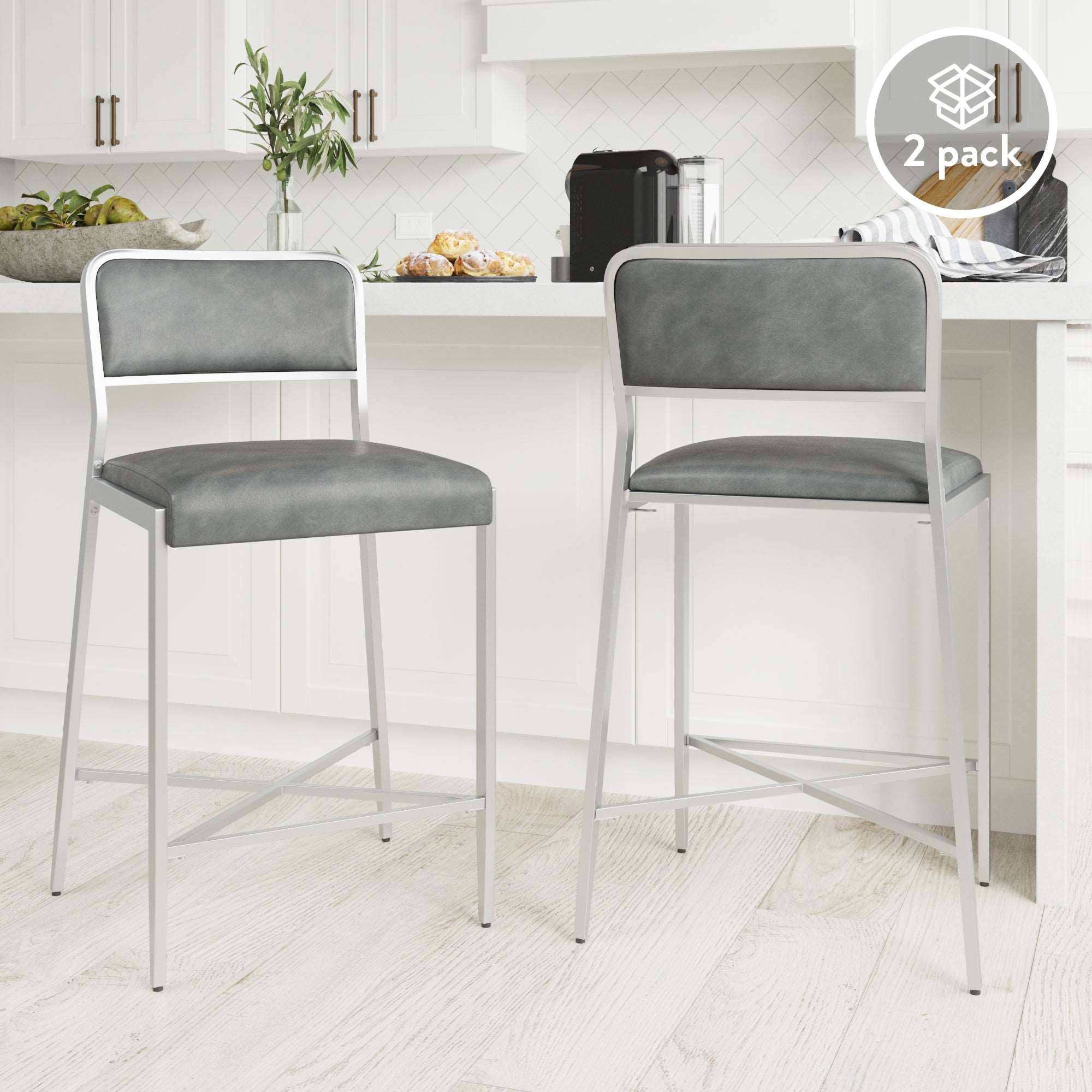 Faux Leather Counter Height Bar Stools Set Pewter-Chrome