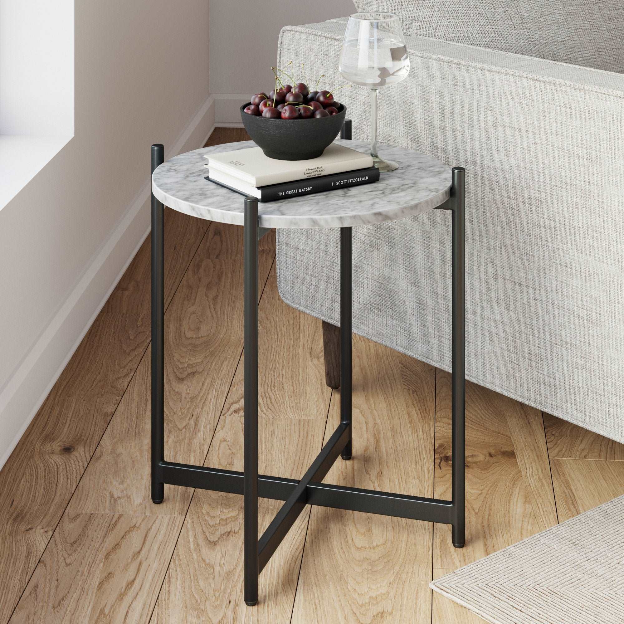 Faux Marble & Metal Round Side Table | Roland White Marble-Matte Black