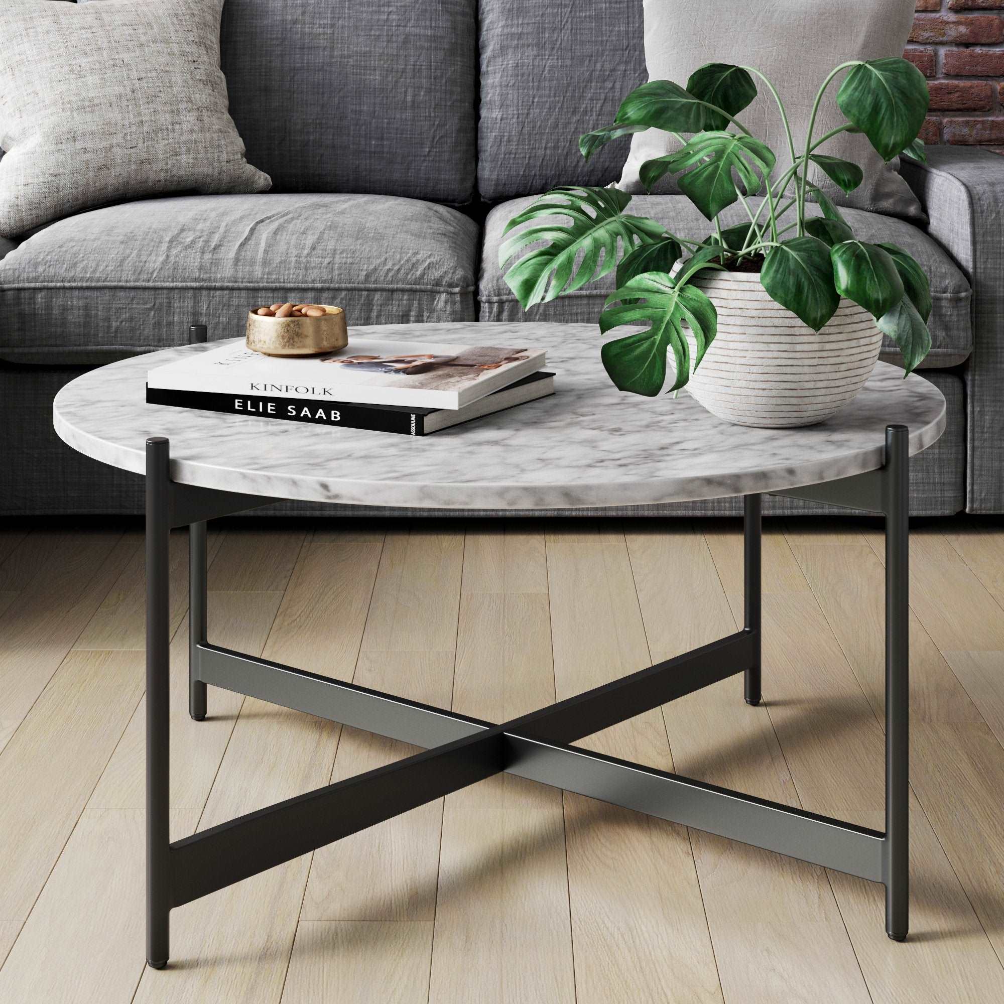 Faux Marble & Metal Round Coffee Table White Marble-Matte Black