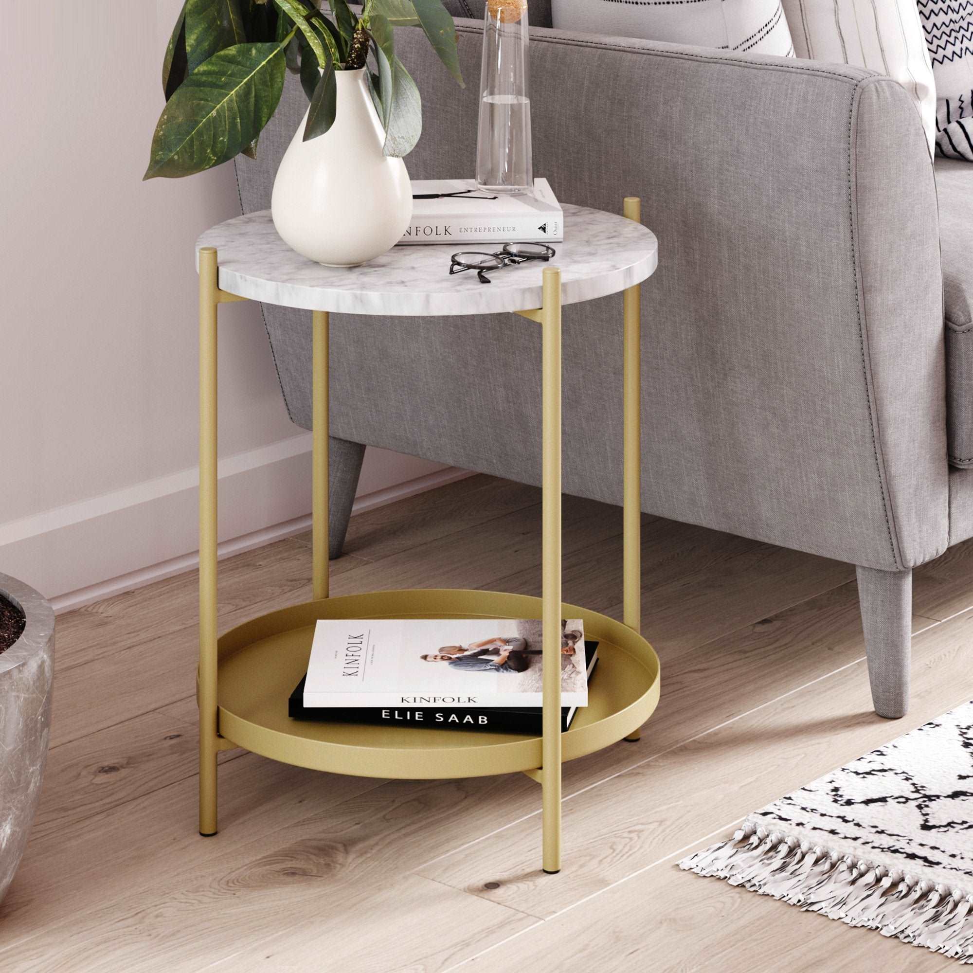 Faux Marble & Metal Round Side Table | Alexis White Marble-Gold