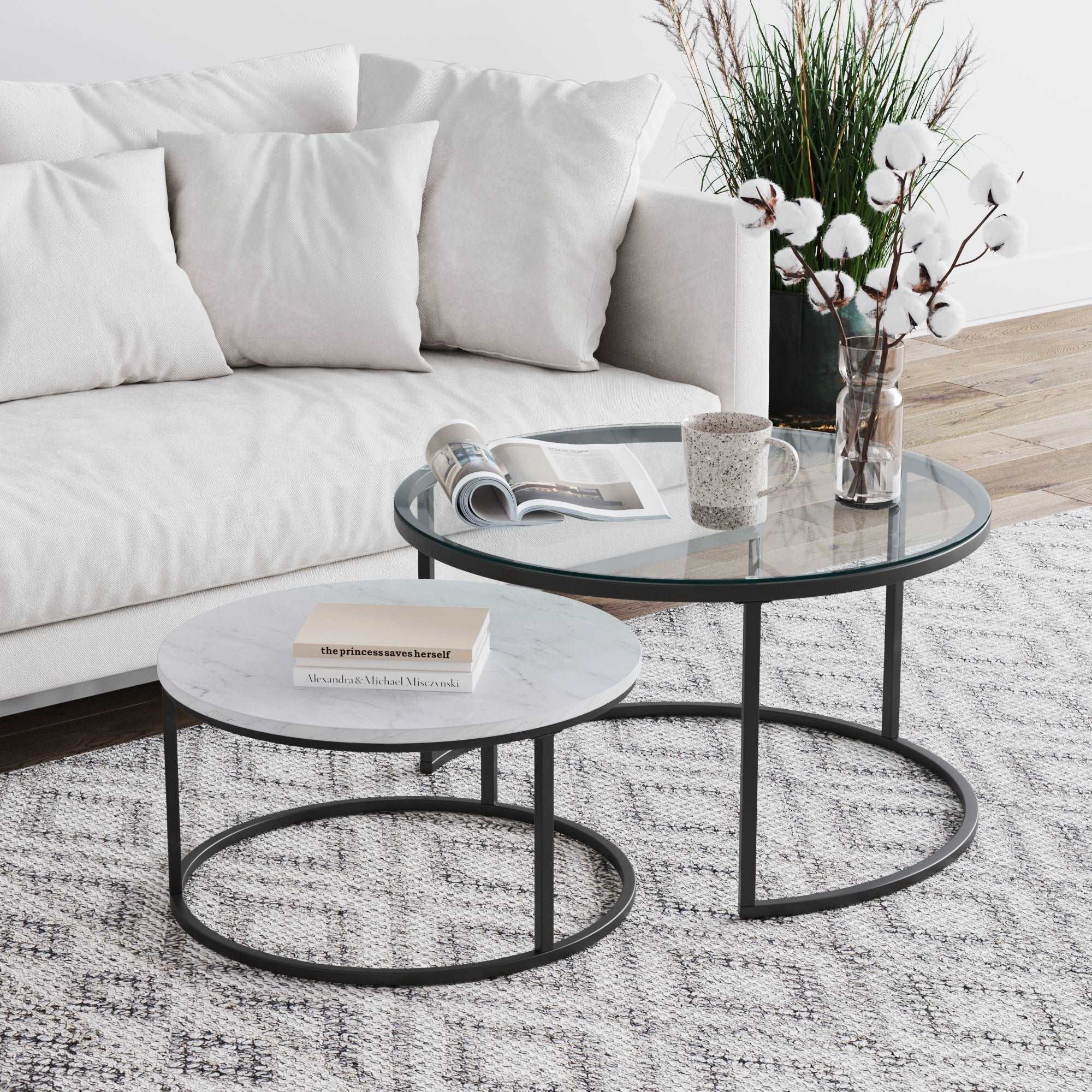 Faux Marble & Glass Nesting Coffee Table Matte White Marble-Gunmetal