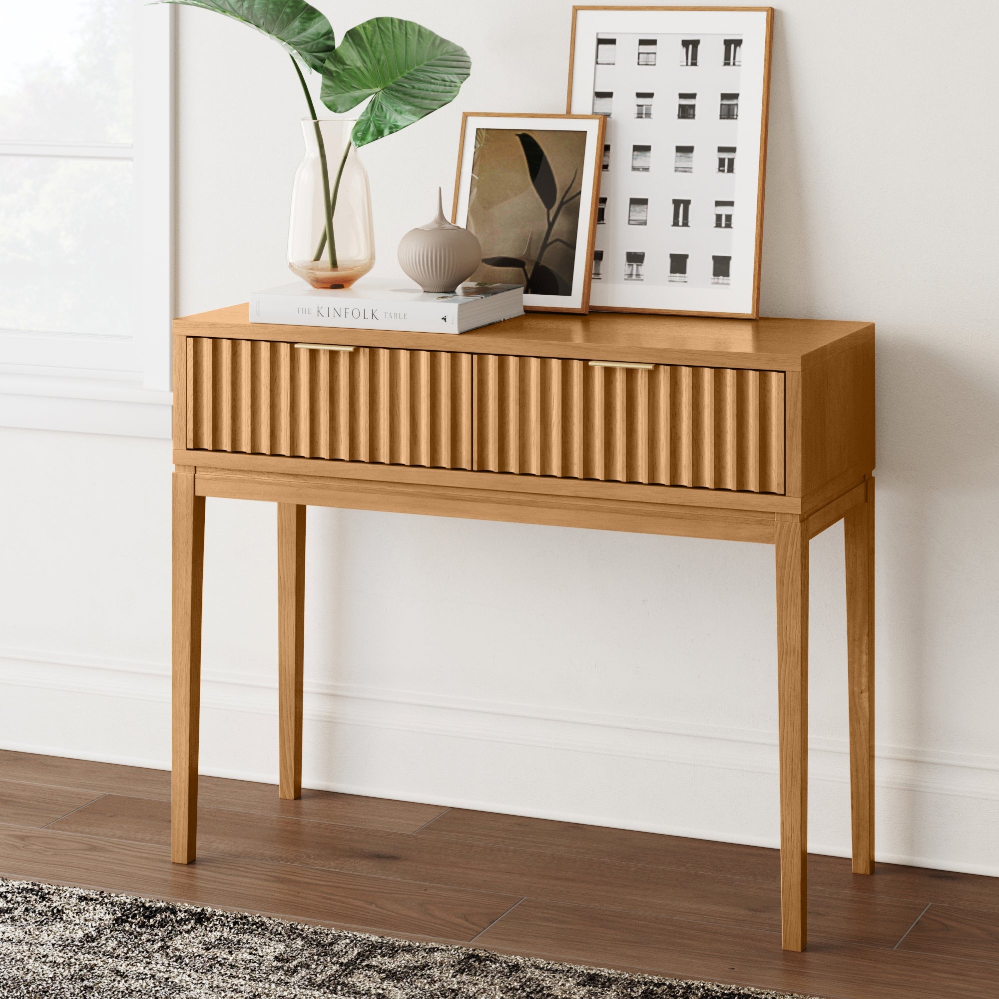 Wood Fluted 2-Drawer Boho Console Table