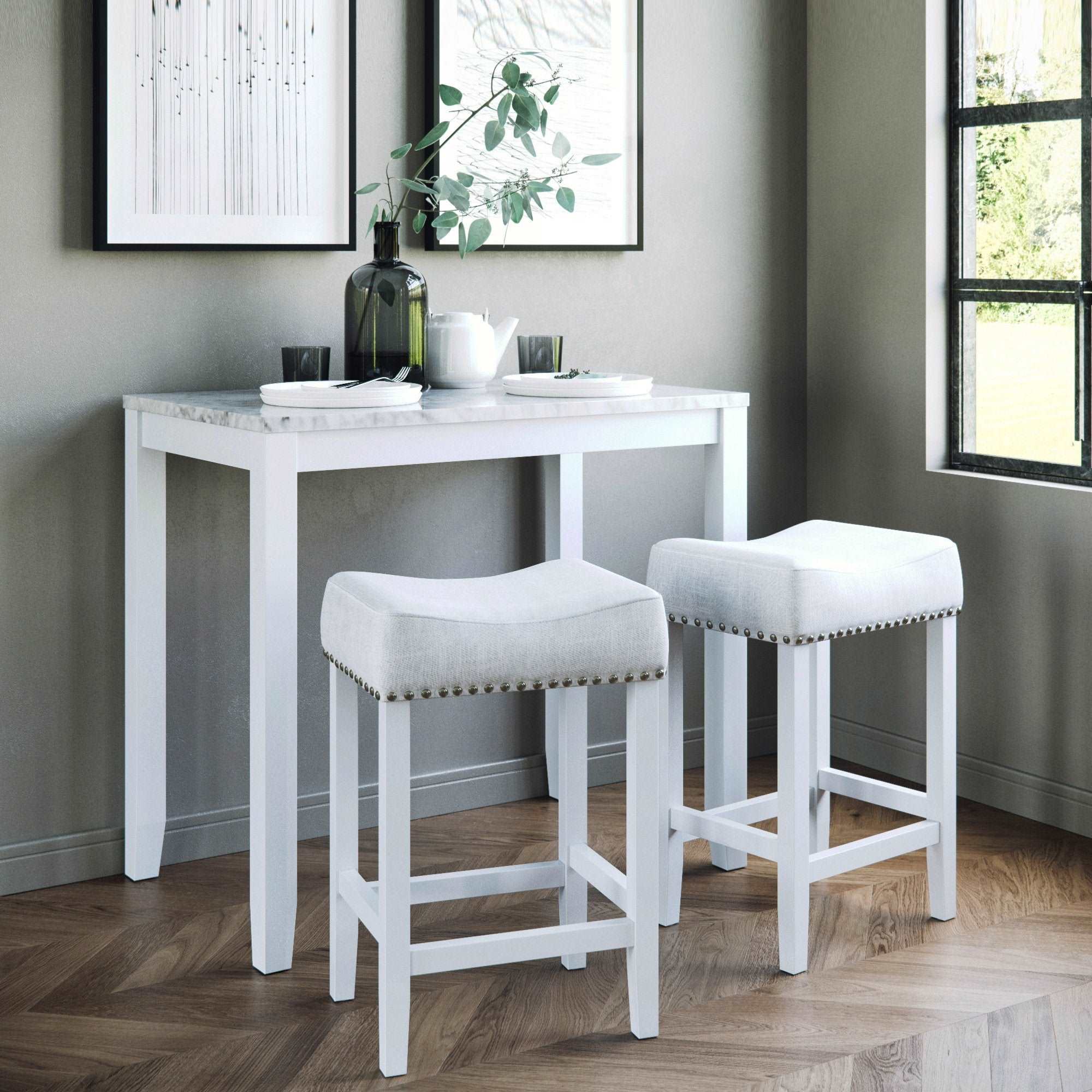 Solid Wood Pub Dining Table & Stool Set Matte White-White Marble-Light Gray Linen