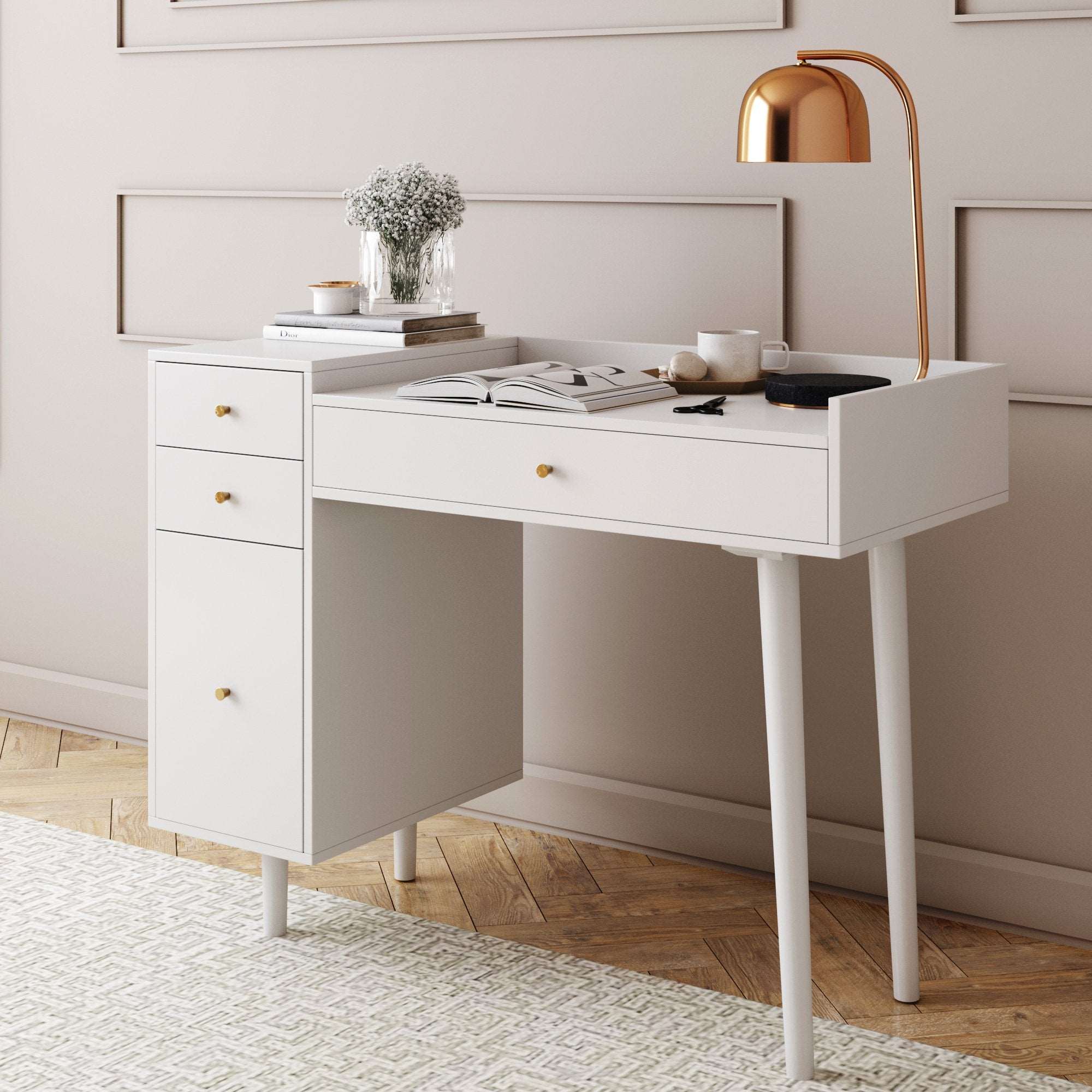 Wood Vanity Desk with Drawers | Daisy Matte White-Gold
