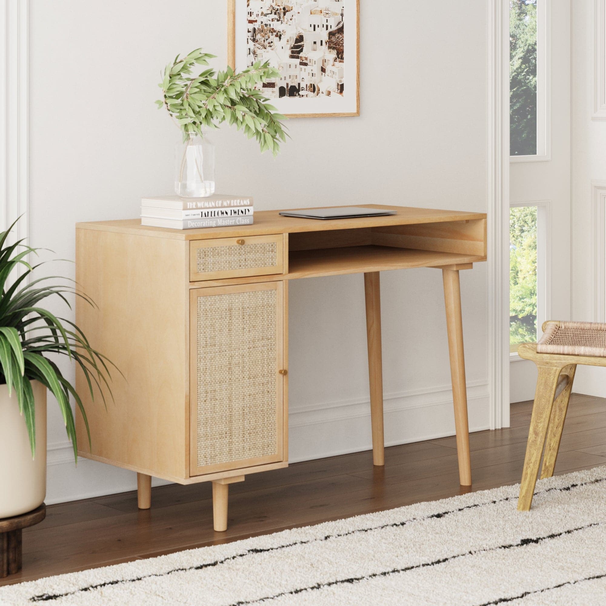 Rattan & Wood Vanity Desk with Storage