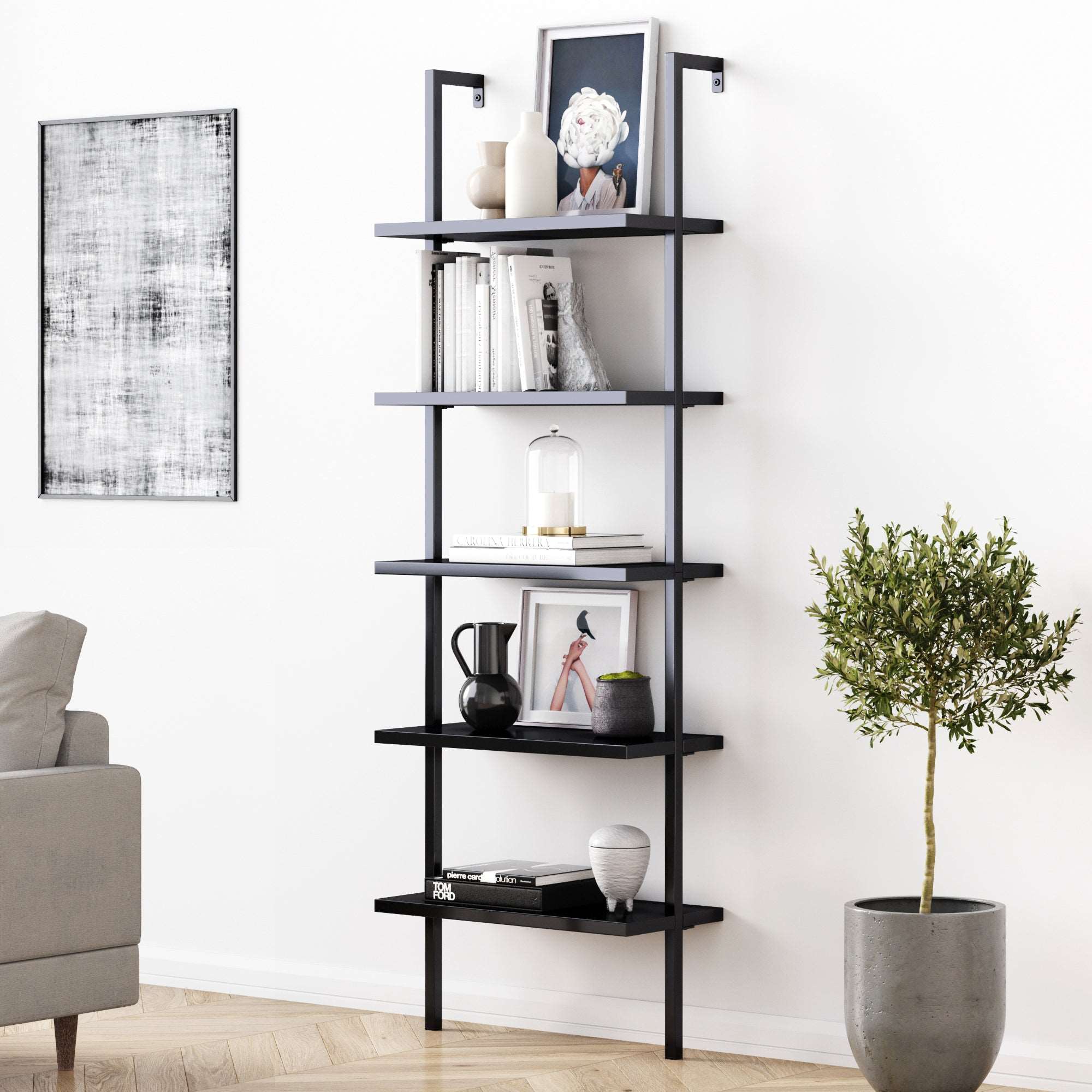 Wood Wall Mount Ladder Bookshelf | Theo Matte Black 5 Shelves