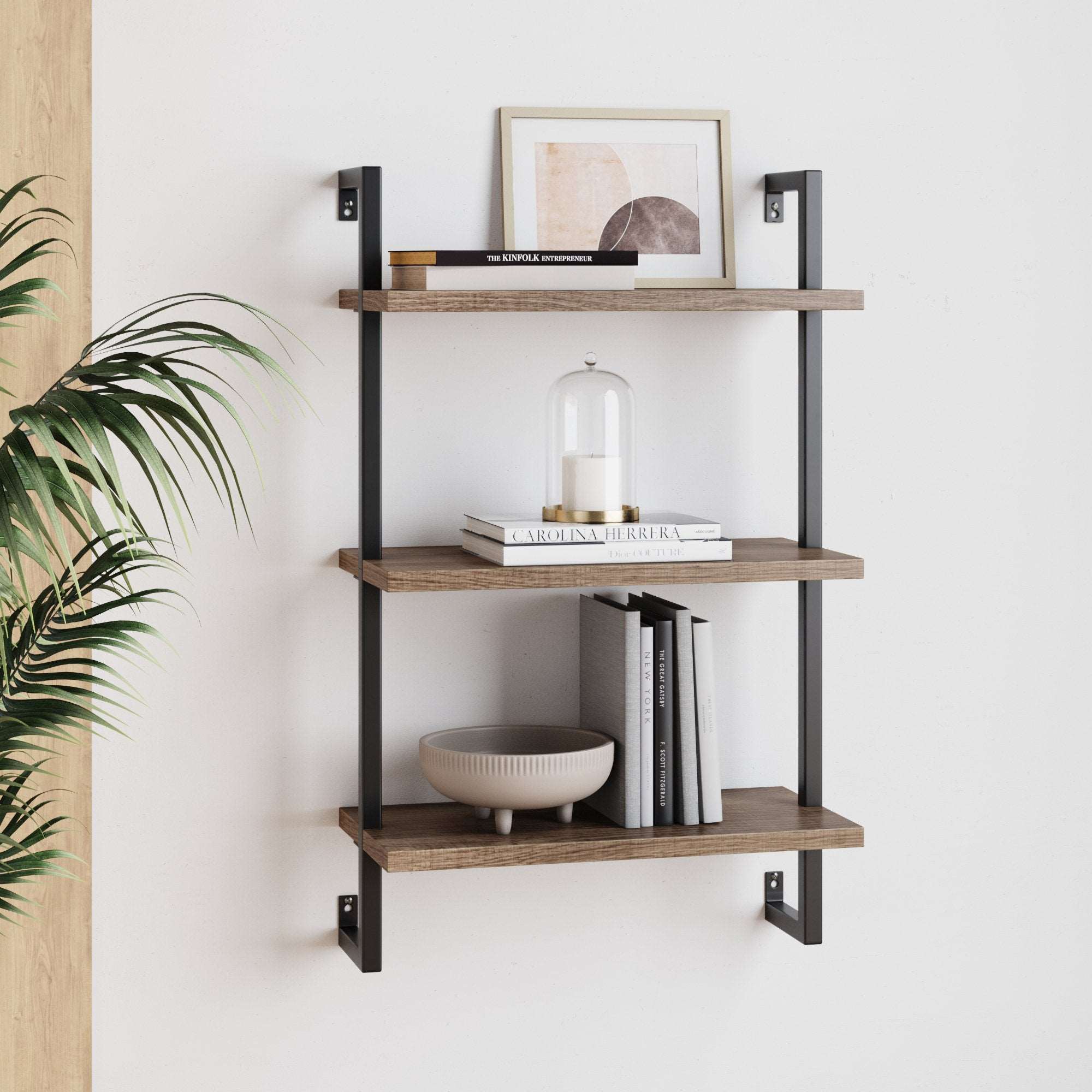 Wood & Metal Wall Mount Floating Bookshelf Reclaimed Oak-Matte Black 3 Shelves