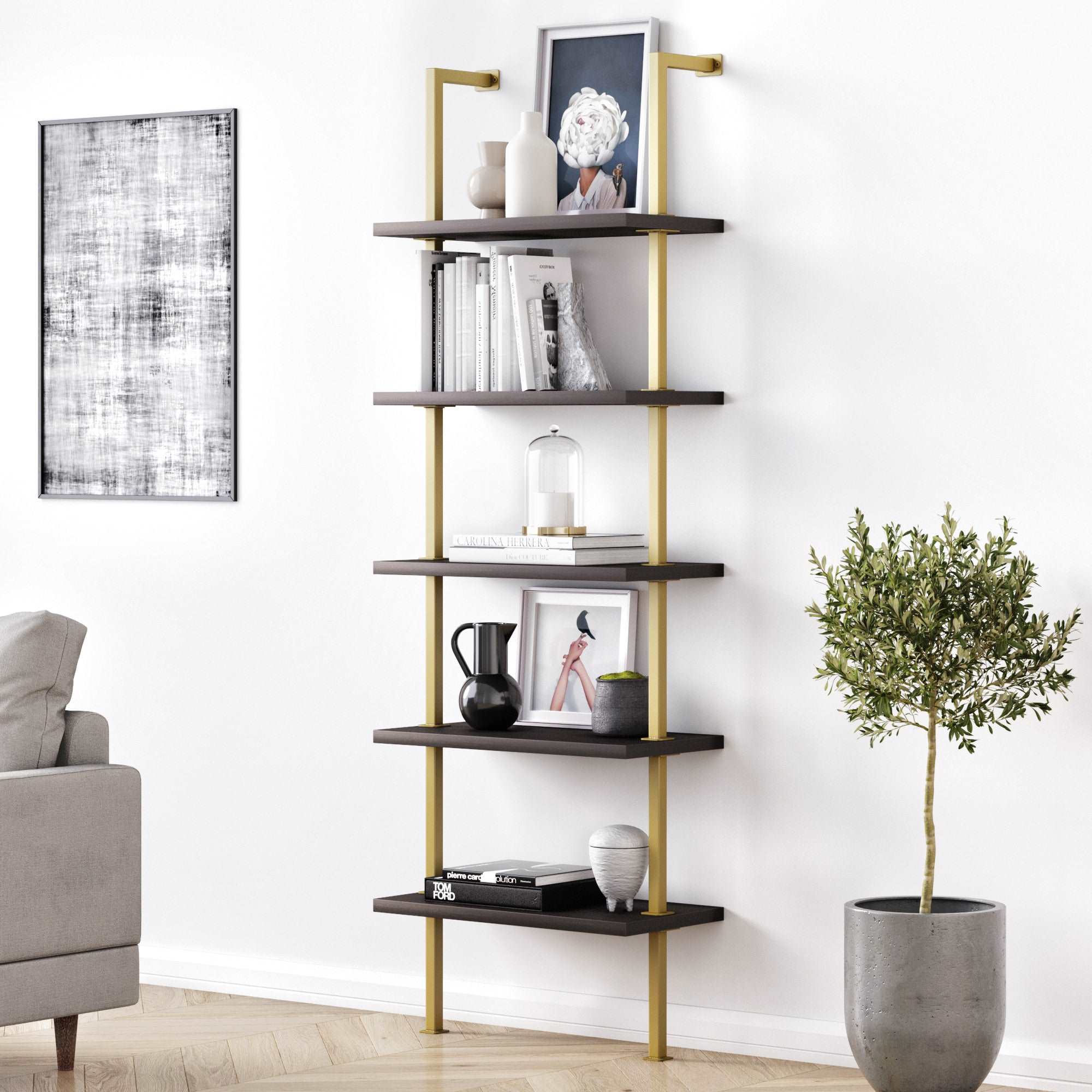 Wood Wall Mount Ladder Bookshelf | Theo Dark Oak-Gold 5 Shelves