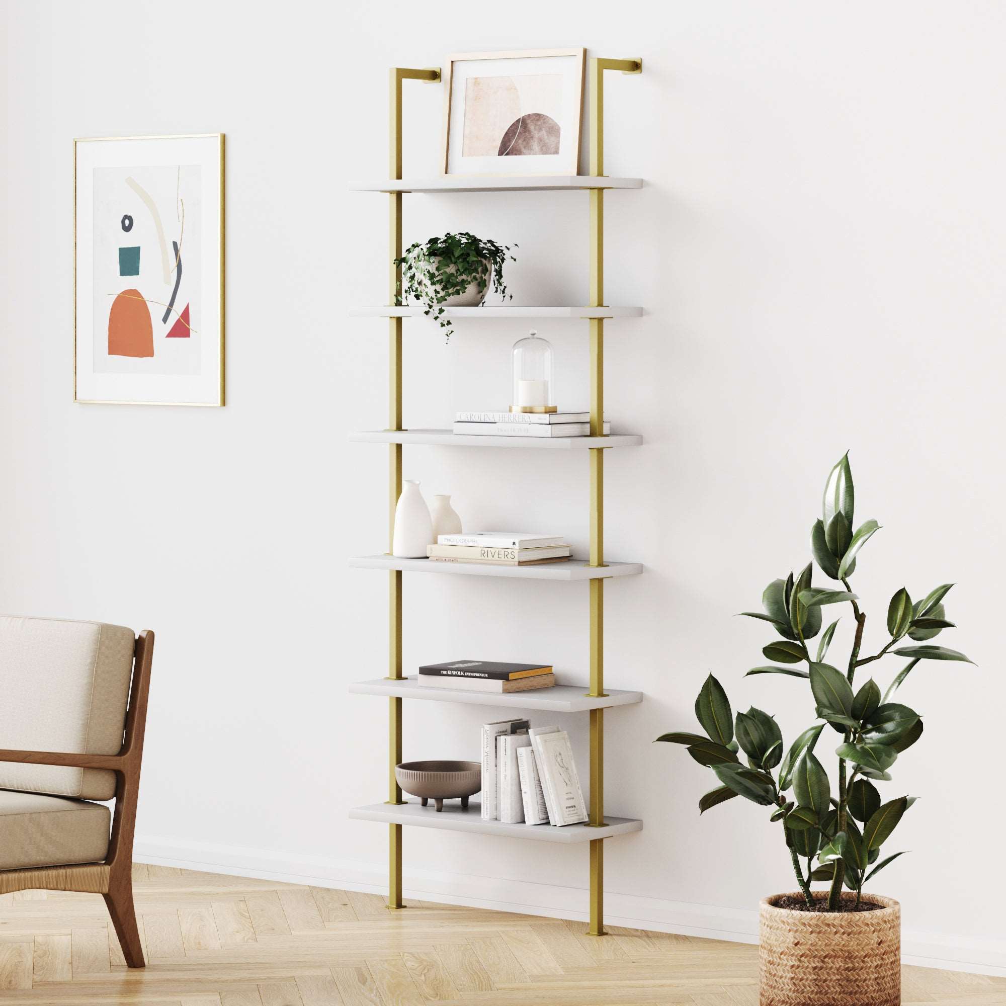 Wood Wall Mount Ladder Bookshelf | Theo White-Gold 6 Shelves
