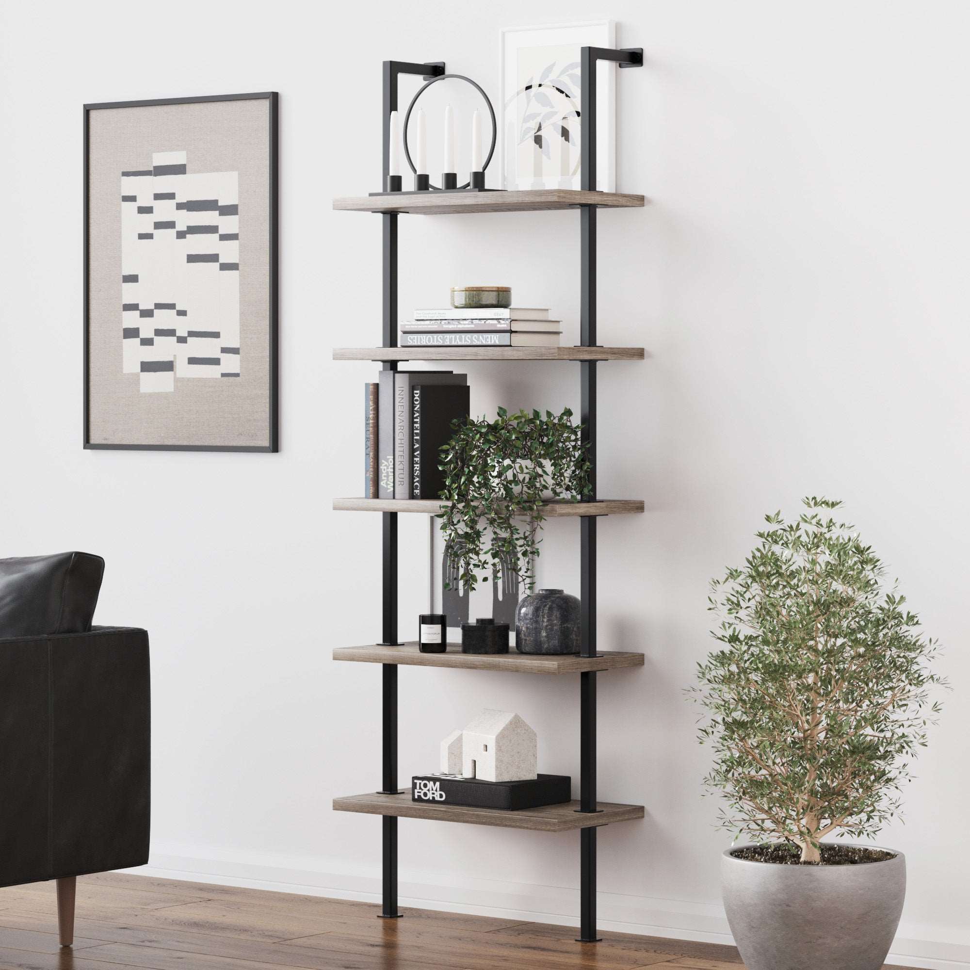 Wood Wall Mount Ladder Bookshelf | Theo Light Gray Oak-Matte Black 5 Shelves