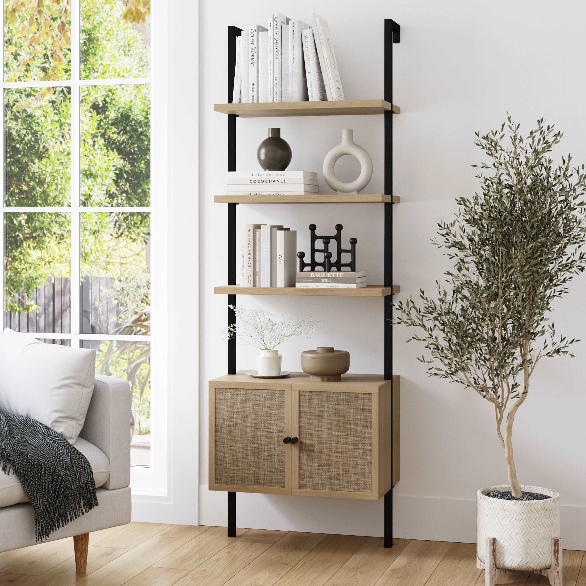 Rattan or Wood Ladder Bookshelf with Storage Light Oak-Matte Black