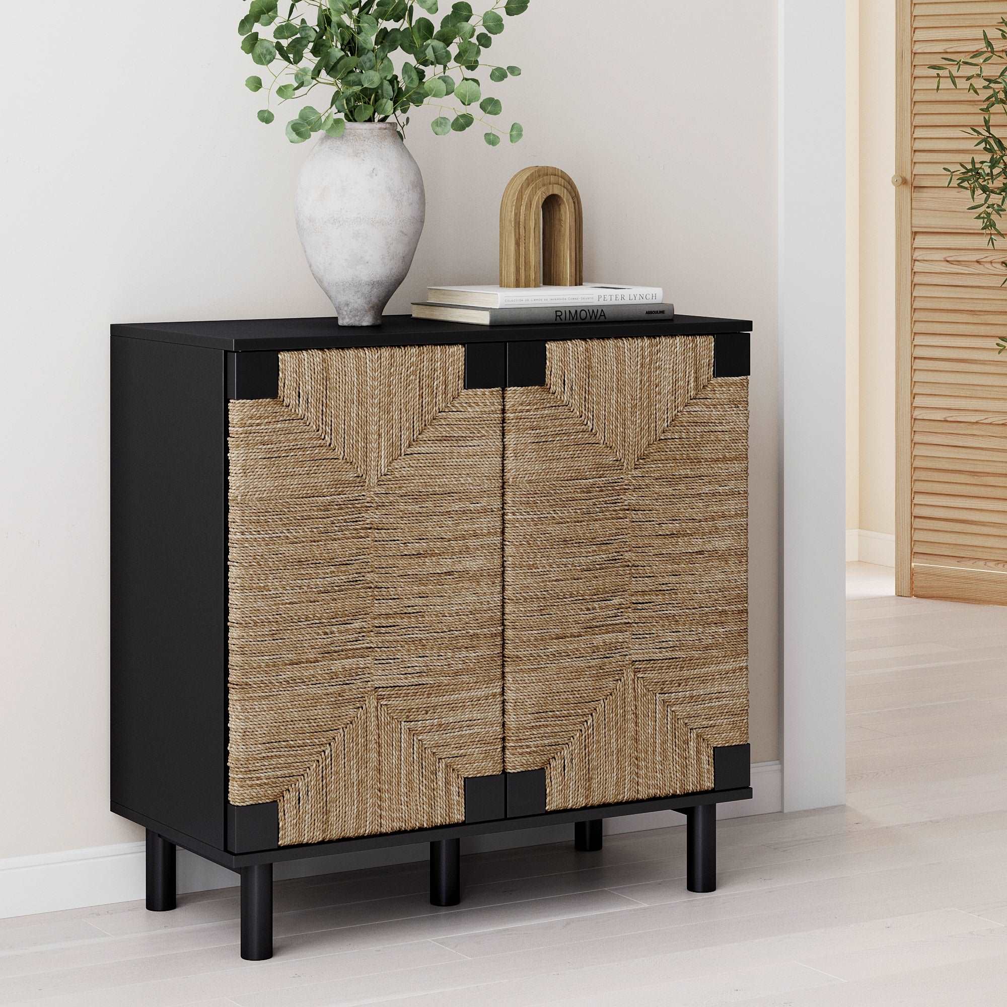 Wood & Seagrass 2-Door Storage Cabinet Brushed Black-Seagrass