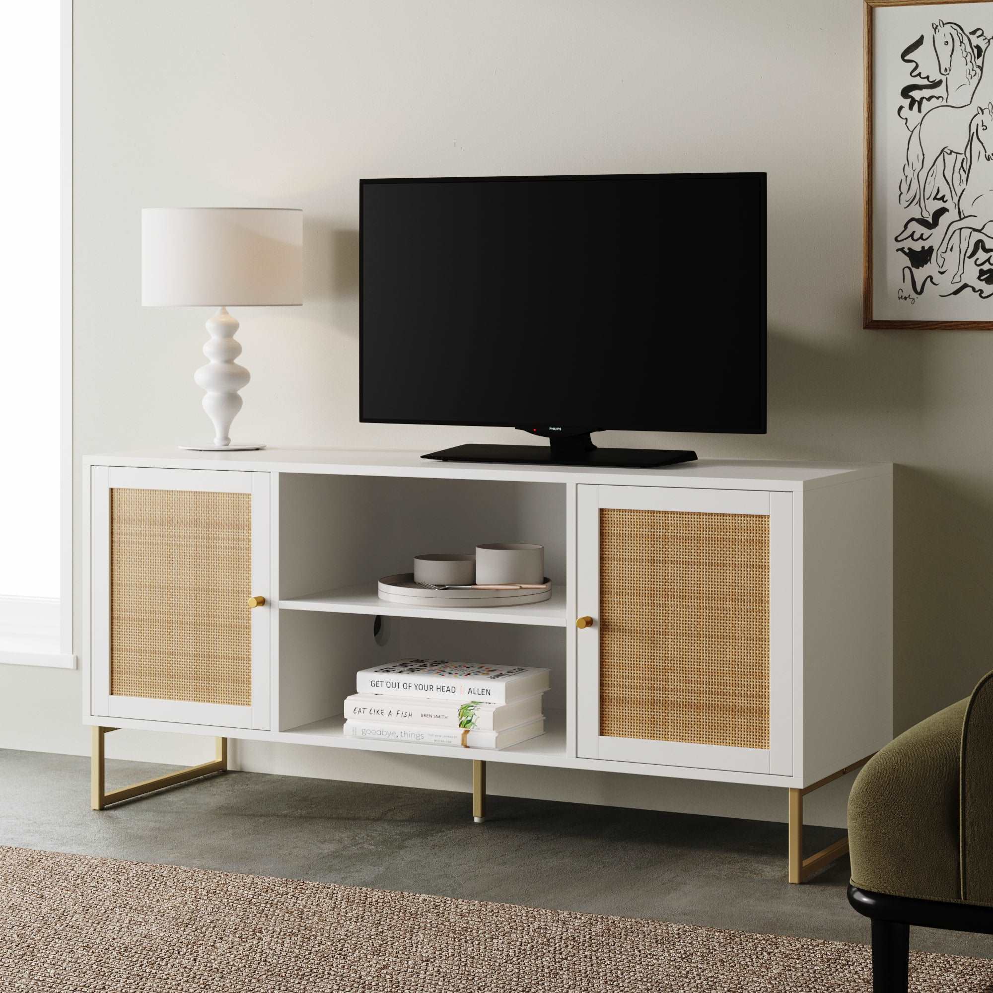 Rattan & Wood 2-Door TV Cabinet | Mina White-Rattan-Gold