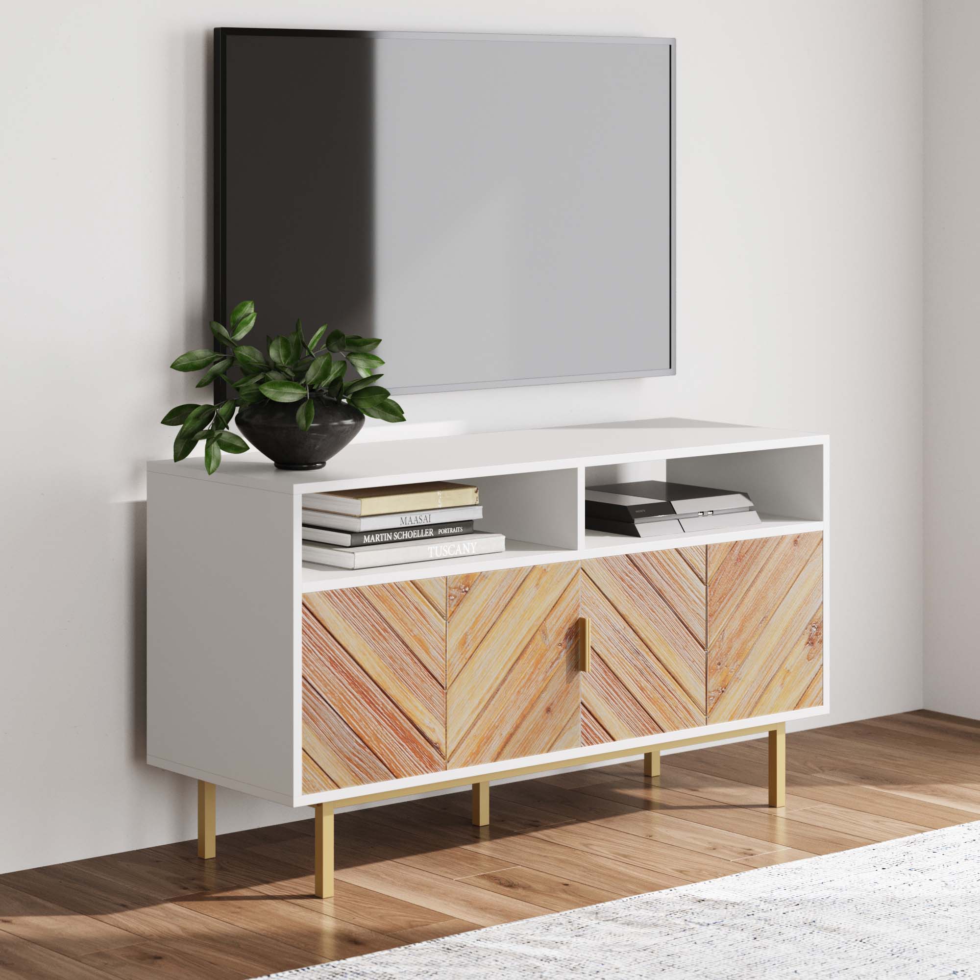 Wood Herringbone TV Cabinet | Izsak White-Natural Wash-Pale Gold