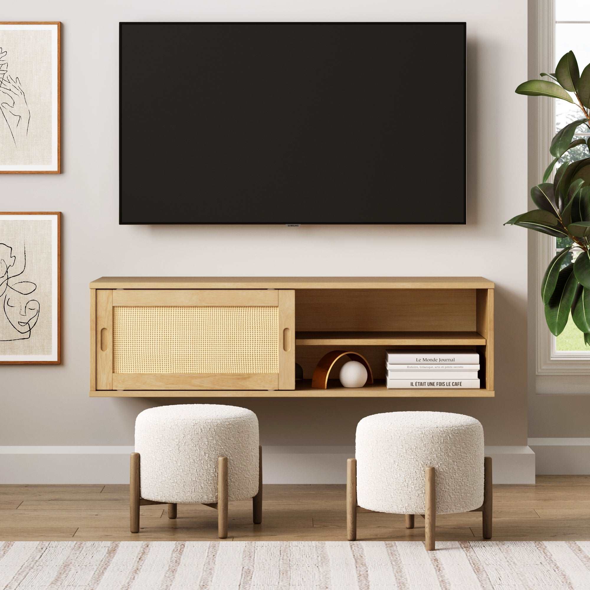 Solid Wood & Rattan Wall Mount TV Cabinet
