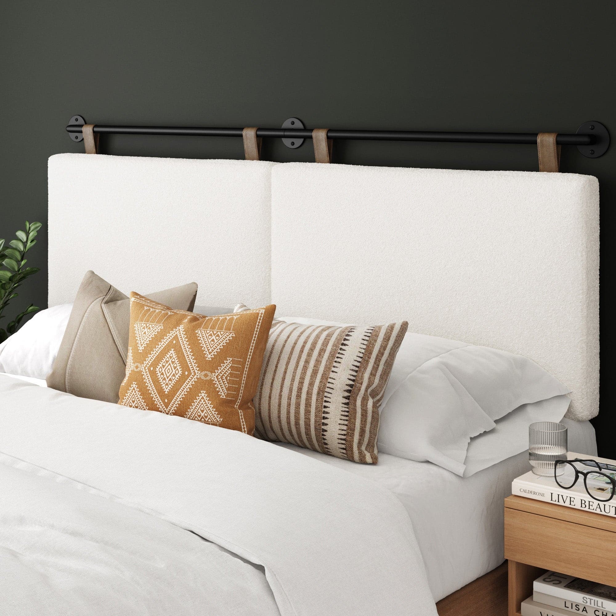 Boucle Upholstered Wall Mount Headboard Boucle White Rough-Saddle Brown-Matte Black