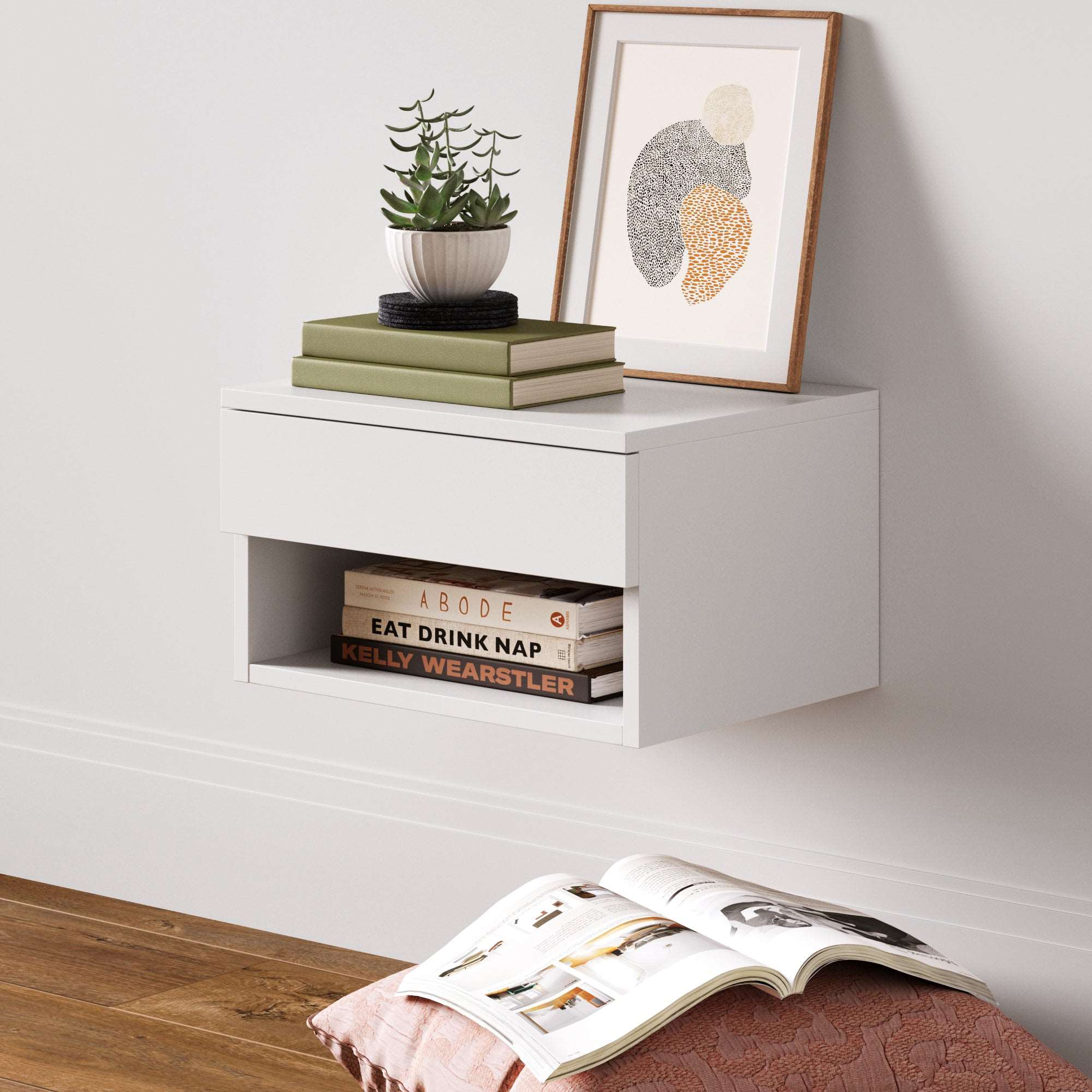 Wood Floating Wall Mount Drawer Side Table Matte White