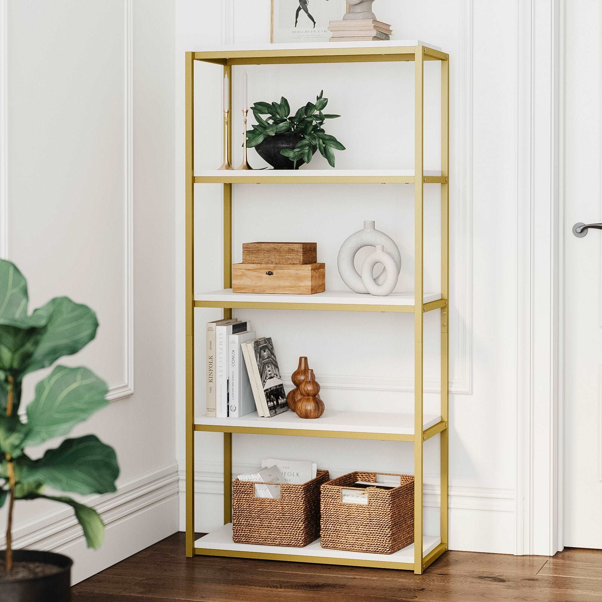 Wood & Metal Freestanding 5-Shelf Bookshelf White-Gold