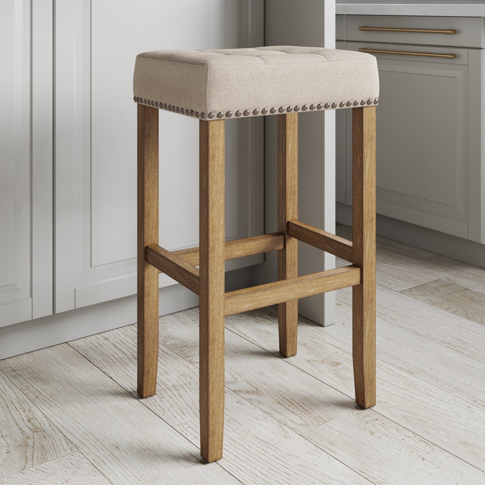 Upholstered Tufted Wood Backless Bar Stool Brushed Light Brown-Flax-Pewter 29"