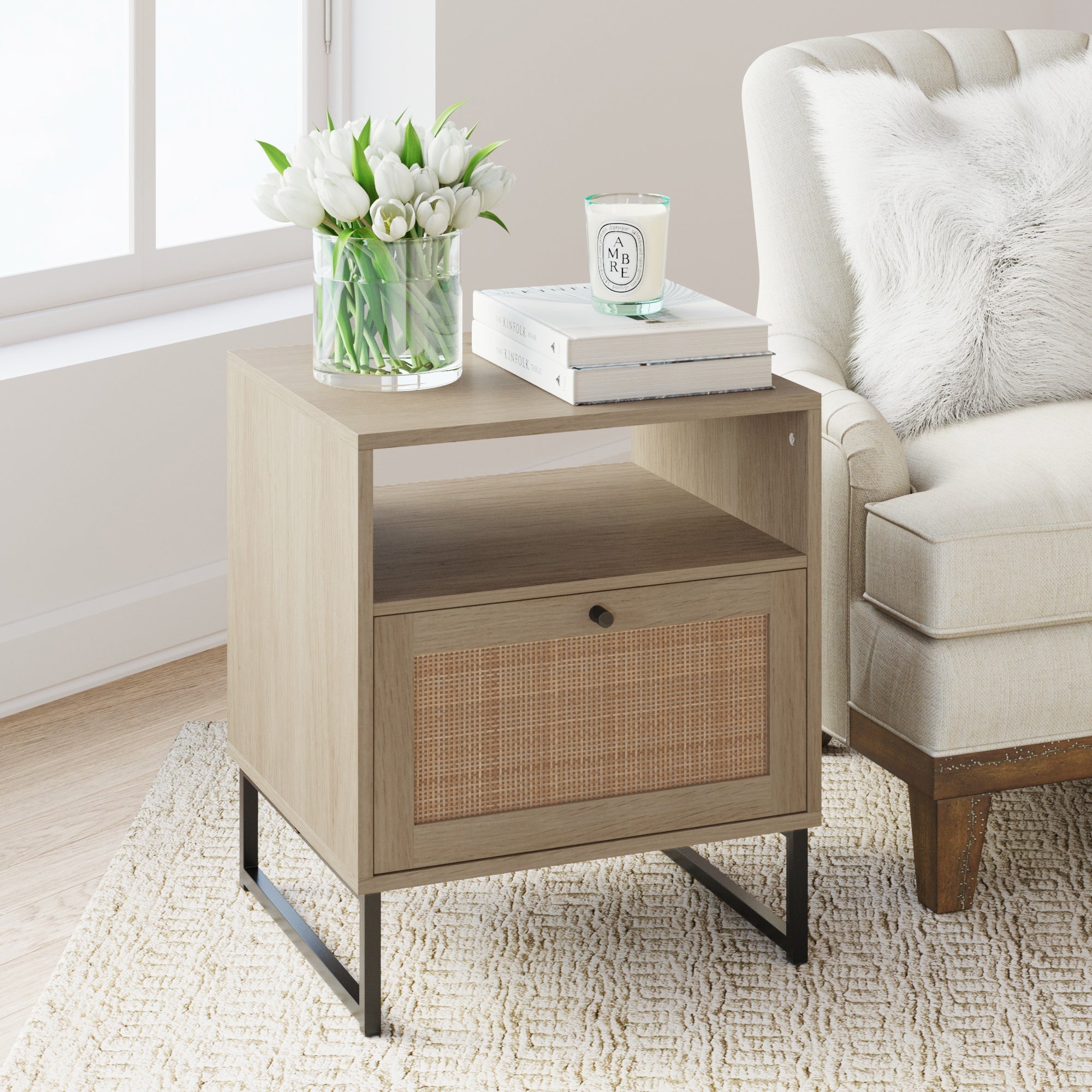 Rattan & Wood Door Storage Nightstand