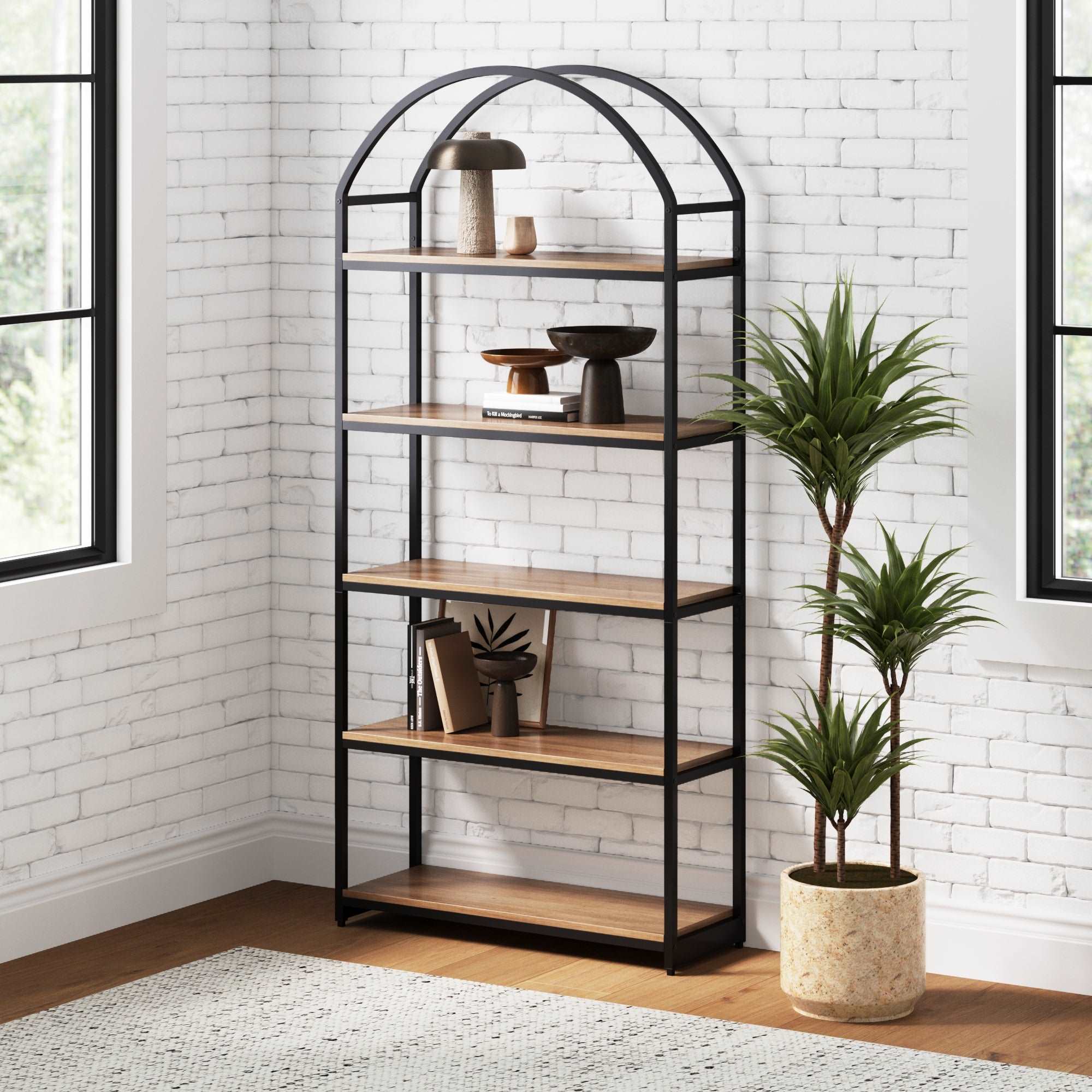 Wood & Metal 5-Shelf Arch Bookshelf | Haven